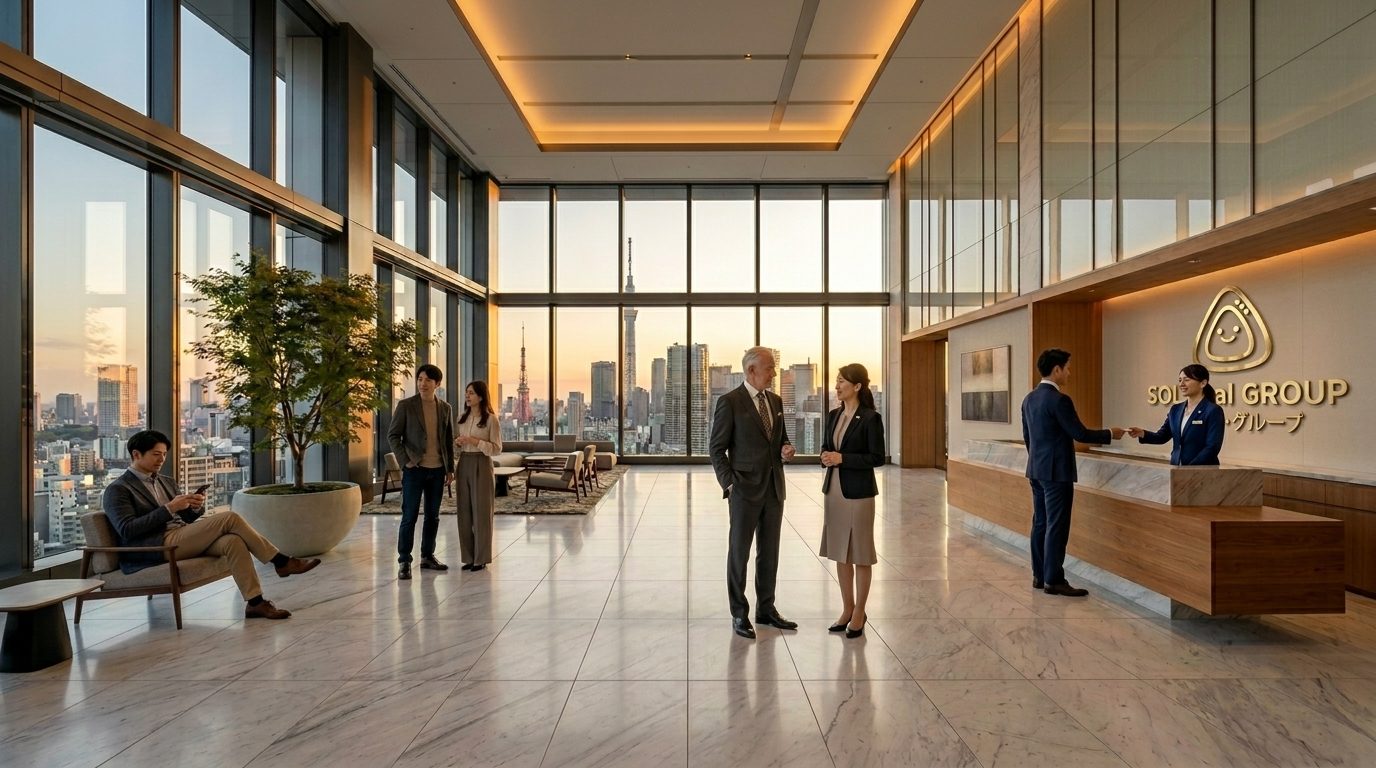 A Japanese corporate headquarters lobby